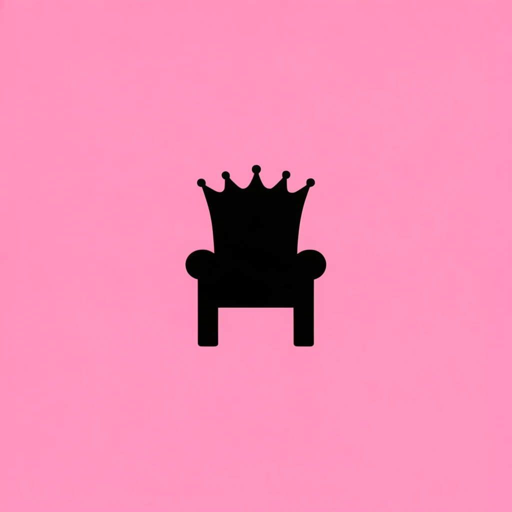 A stark, solid black silhouette of a crown resting on a throne, positioned squarely in the center of a vibrant, uniform bubblegum pink background. The minimalist 2D digital graphic features razor-sharp edges and absolute high contrast between the pitch-black subjects and the brightly saturated, monochromatic backdrop. The opaque, purely flat shapes perfectly outline the profile of the regal chair and the spiked headpiece resting upon its seat. The composition utilizes expansive, smooth, evenly colored pink negative space to frame the central dark figures, resulting in a crisp, purely graphic visual execution characterized by absolute flatness and solid color blocking.