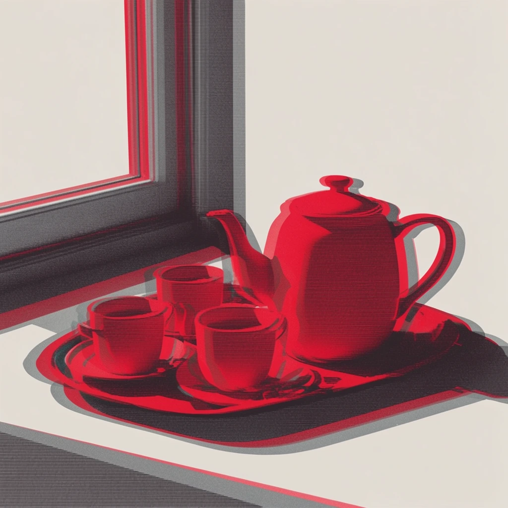 A teapot and three cups sit on a tray on a surface next to a window, rendered in a stark duotone graphic poster style with a pronounced anaglyph offset glitch effect. The minimalist composition features a vast, flat off-white background that isolates the scene within stark negative space. The teapot, cups, tray, and window framing are composed of overlapping, slightly misaligned ghosted layers of vibrant crimson red and muted charcoal grey, mimicking a vintage offset printing error. High-contrast directional lighting casts distinct, layered, and shifted drop shadows across the surface. Dense horizontal halftone line patterns fill the shaded regions and the interior forms of the objects, flattening the perspective and enhancing the retro, mid-century printmaking aesthetic.