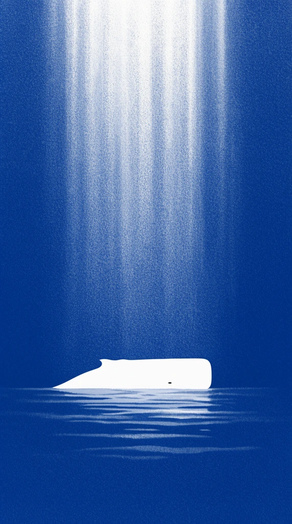 white sperm whale silhouette floating on calm water, dramatic vertical beam of ethereal light from above, deep blue ocean, grainy stippled texture, minimalist composition, monochromatic palette
