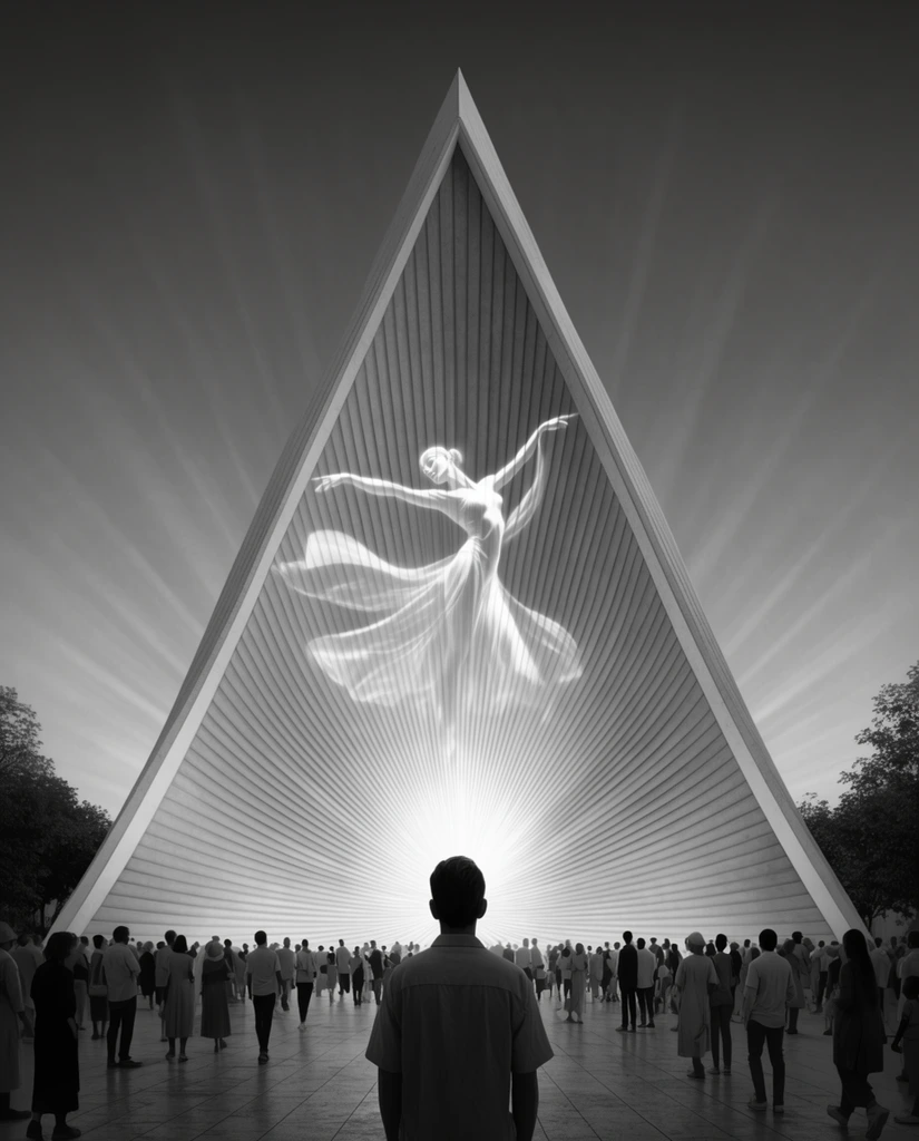 sweeping triangular structure, radiating light from base, ethereal dancer projection on curved ribbed facade, silhouetted plaza crowd, foreground observer back, black and white architectural sketch composite, dramatic lighting