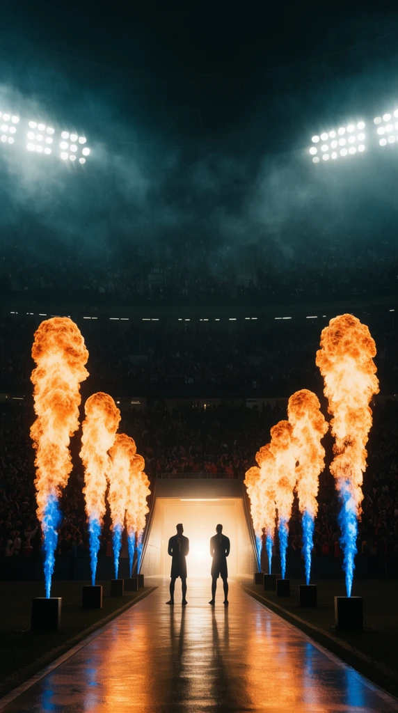 wide shot of a grand stadium tunnel entrance, two silhouetted athletes standing in a brightly lit walkway, symmetrical bursts of pyrotechnic fire lining the path, vivid blue bases transitioning to orange plumes, massive dark arena filled with an obscured crowd, heavy atmospheric haze, overhead stadium floodlights, cinematic lighting, dark background, epic atmosphere