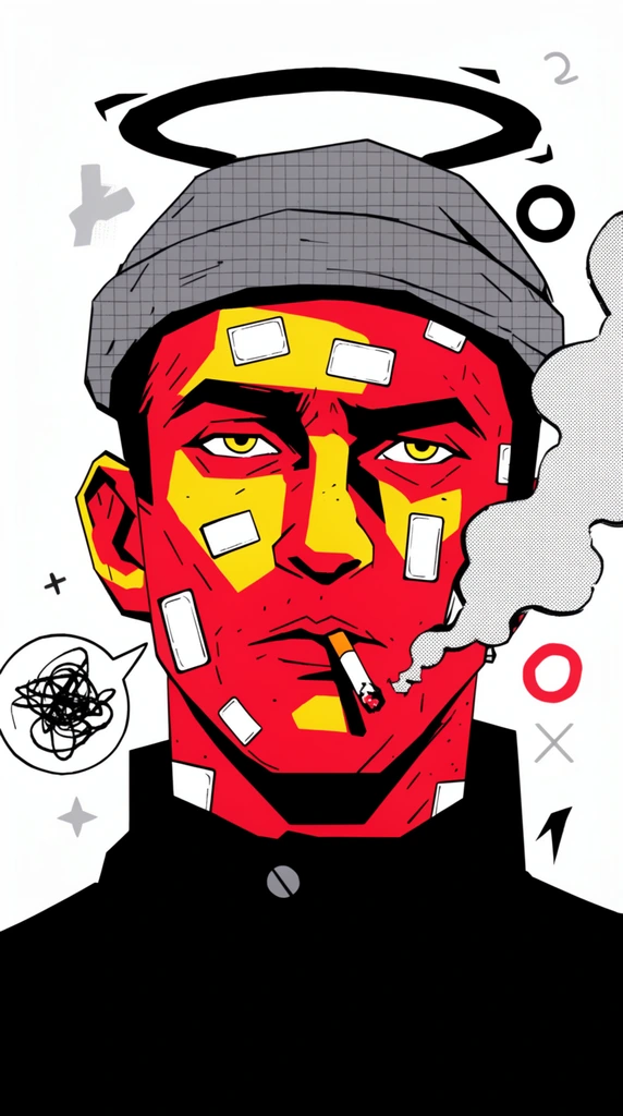 stylized pop art vector portrait of a man, vivid red and yellow color-blocked face, heavy black inking, piercing yellow eyes, smoking a cigarette, grey grid-patterned beanie, dark floating halo, blank white rectangular stickers plastered across his skin, solid black high-collar jacket, stylized smoke plumes with halftone dot shading, stark white background, scattered abstract graphic symbols, circular speech bubble containing a chaotic scribble