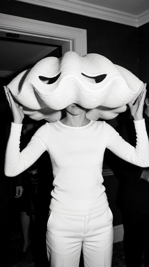A black and white photograph captures a person standing indoors, wearing a massive, oversized, light-colored hat shaped like a clam shell. The hat, with a textured, ribbed surface and undulating edges, completely obscures the person's head down to their nose, with cutout shapes resembling eye holes along the upper edge. The person, dressed in a long-sleeved, fitted white top and white trousers, raises both hands, palms facing outward, to support the sides of the massive hat. The background features a partially visible doorway with dark trim, dark walls, and glimpses of other people in the shadows, creating a stark contrast with the brightly lit central figure. The composition centers on the surreal hat and the striking silhouette of the person wearing it.