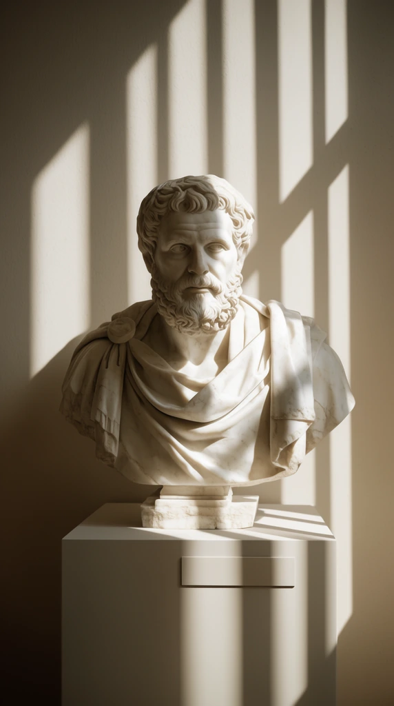 A classical white marble bust of a bearded man draped in fabric rests on a minimalist rectangular pedestal against a plain wall. Dramatic, high-contrast directional lighting casts sharp, geometric vertical shadow bands across the wall, the right half of the sculpture, and the plinth. A small rectangular plaque is affixed to the pedestal front. The warm monochromatic palette highlights the carved stone textures amidst the striking interplay of bright illumination and deep architectural shadows.