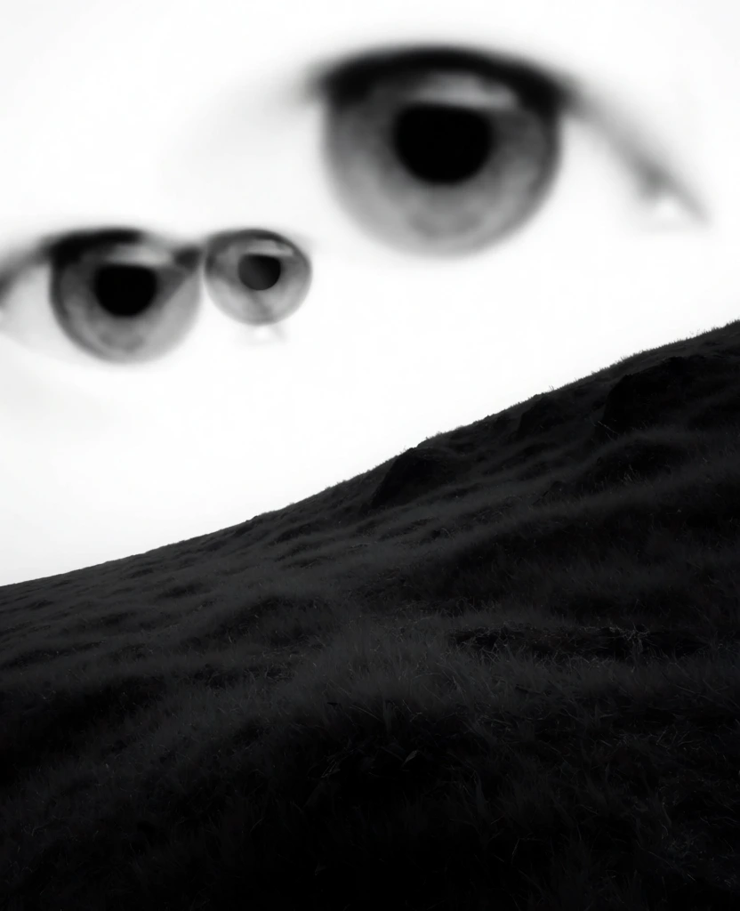 high-key minimalist monochromatic composition, a stark silhouette of a grassy hill sloping upwards rendered in charcoal sfumato, several large surreal eyes floating in the white expanse above, soft-focus smudged edges, ghostly ethereal atmosphere, gesso-primed canvas texture with faint vertical grain, blown-out high-signal highlights, blurred ink-wash aesthetic, haunting dreamlike mood, stark graphic contrast, intentional camera movement blur, atmospheric noise