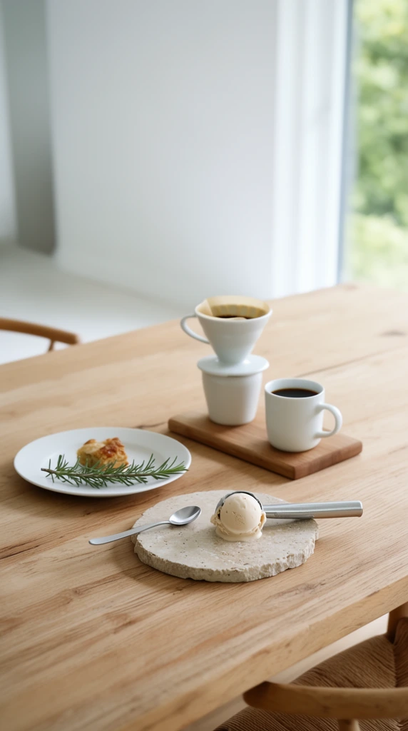 pale beige ice cream scoop on a textured stone plate with silver spoon, white ceramic pour-over coffee dripper and mug of black coffee on a wooden board, white plate with pastry piece and fresh rosemary sprig, natural wood dining table, blurred minimalist white room, bright window showing green foliage, soft natural daylight, shallow depth of field, airy food photography