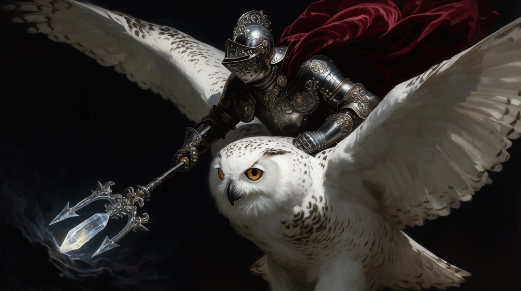 A dramatic oil painting of a heavily armored knight in dark silver plate riding a colossal snowy owl through a pitch-black night. The rider fiercely thrusts a glowing crystal trident downward into a shadowy vortex. A thick crimson velvet cloak violently billows upward, driving the sweeping diagonal composition. Deep chiaroscuro illuminates the intricately detailed white plumage and ornate baroque metalwork against the dark void, blending classical rendering techniques with high-contrast, dynamic action.