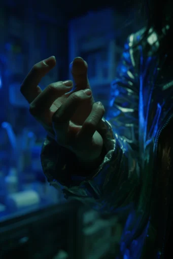 Cinematic Cyber Noir style reference image — neon and cobalt lighting