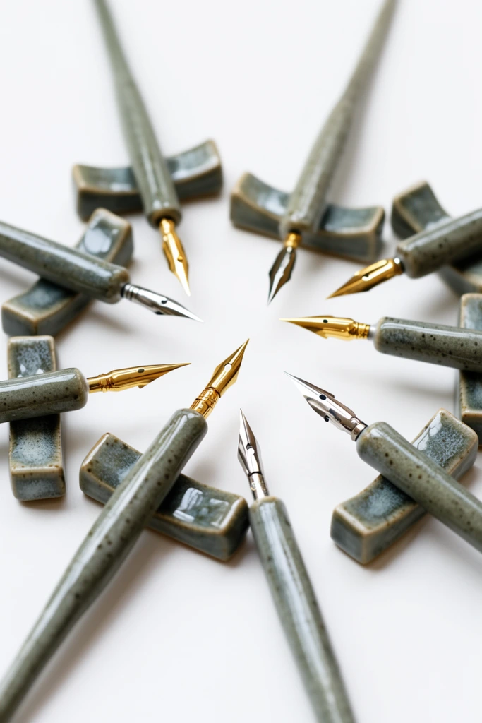 scattered artisan ceramic dip pens pointing inwards, glossy mottled grey-green speckled glaze, slender cylindrical handles, polished gold and silver calligraphy nibs, matching rectangular glazed ceramic rests, stark white background, overhead angle, bright soft studio lighting, macro photography, shallow depth of field