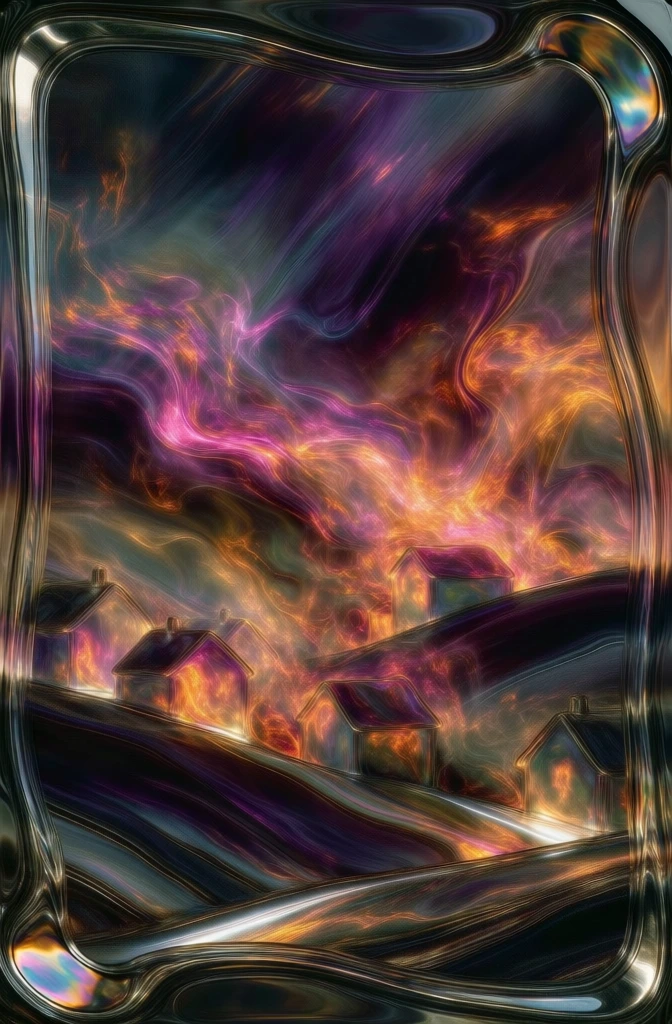 a cluster of small houses nestled between rolling hills, sculpted from fluid ethereal light, vibrant swirls of deep purple magenta and fiery amber orange smoke-like textures, soft glowing light, dynamic diagonal brushstrokes, thick molten obsidian glass frame with iridescent highlights, glossy metallic border, dreamlike cosmic aesthetic, soft focus with sharp luminescent streaks, cgi abstract landscape, dark moody atmosphere with radiant bioluminescent highlights.