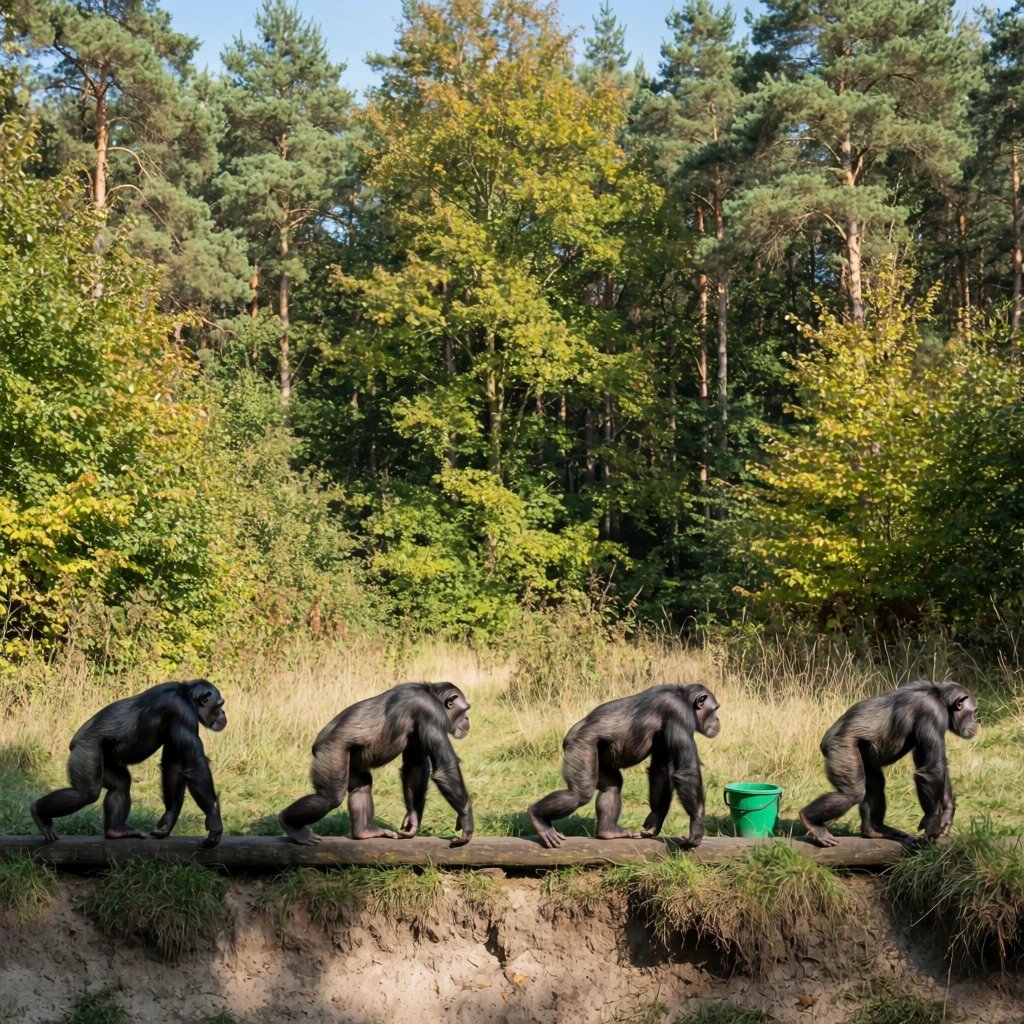 Four adult chimpanzees walk in a single-file line from left to right across a low, dark wooden beam bordering a grassy clearing. The apes move in profile, knuckle-walking along the structure set above a steep, sandy embankment in the immediate foreground. A small, bright green bucket rests in the tall, dry grass near the right end of the beam. A dense forest of tall pine and deciduous trees with vibrant green and yellowish autumn foliage fills the entire background. Bright, natural sunlight directly illuminates the scene, highlighting the rough textures of the apes' dark fur against the complex, leafy woodland environment. The wide-angle wildlife photograph features crisp focus, an eye-level perspective, and vivid, naturalistic color grading.
