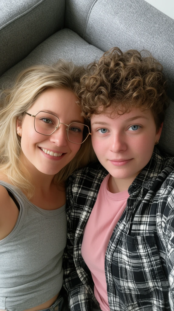 overhead selfie of a smiling blonde woman with geometric glasses and a gray tank top, leaning against a person with short curly brown hair and blue eyes, second person wearing an open black and white plaid flannel over a pink t-shirt, casual and intimate posing, resting together on a gray upholstered couch, soft natural indoor daylight, high angle perspective