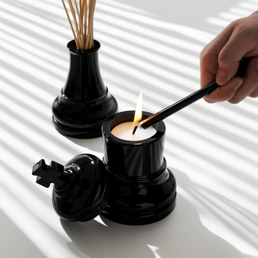 hand using a black stick lighter to ignite a candle inside a glossy black chess piece container, warm orange flame, second black glossy container with reed sticks in the background, sculpted black lid with a cross finial resting on its side, stark white surface, strong diagonal striped shadows from window blinds, top-down angled perspective, minimalist high-contrast product photography
