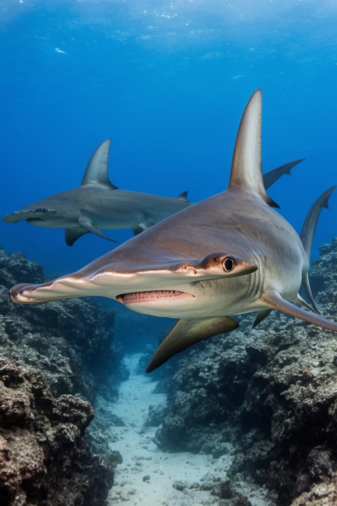 A large hammerhead shark swims toward the viewer through vibrant blue waters above a rocky underwater canyon. The predator features a wide, flat head, a distinct side-facing eye, and a tall dorsal fin. Its textured greyish-brown skin fades to a pale underbelly. Behind it, a second hammerhead glides in profile. The seabed consists of jagged, dark reef formations framing a sandy channel. This high-resolution underwater photography captures natural filtered sunlight, sharp focus, and a striking azure color palette.