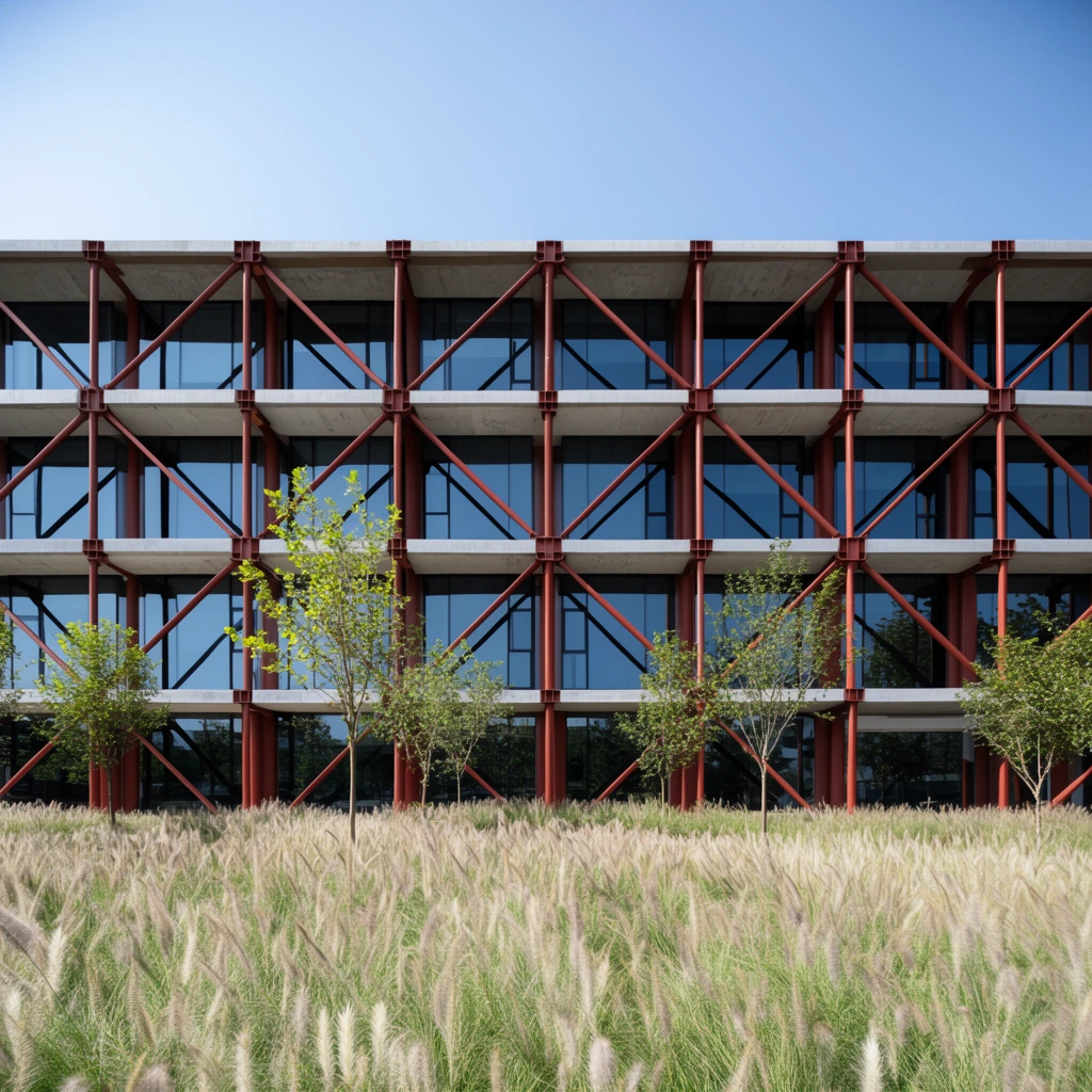 A modern building facade features an exposed grid framework of rust-red steel columns and light grey concrete slabs framing dark reflective windows and diagonal cross-bracing. Tall, feathery ornamental grasses and scattered young trees fill the bright foreground landscape under a clear blue sky.