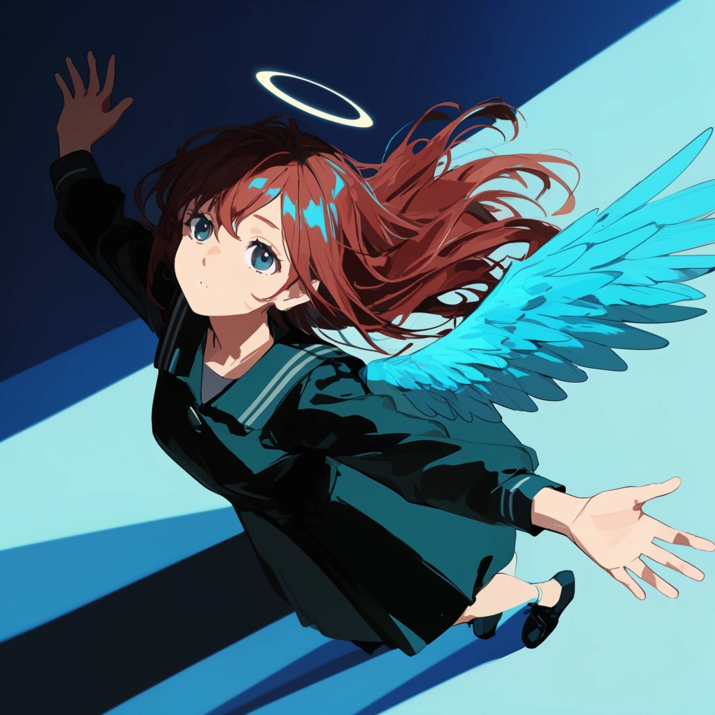 An anime-style girl falling backwards reaches upward, featuring flowing reddish-brown hair with cyan highlights, a minimalist glowing halo, and a single bright cyan feathered wing. Wearing a dark teal uniform dress, she is framed from a dramatic high angle with strong foreshortening. The cel-shaded digital illustration employs stark diagonal lighting to divide the character into light and deep shadow against an abstract background of bold dark blue and bright cyan geometric stripes.