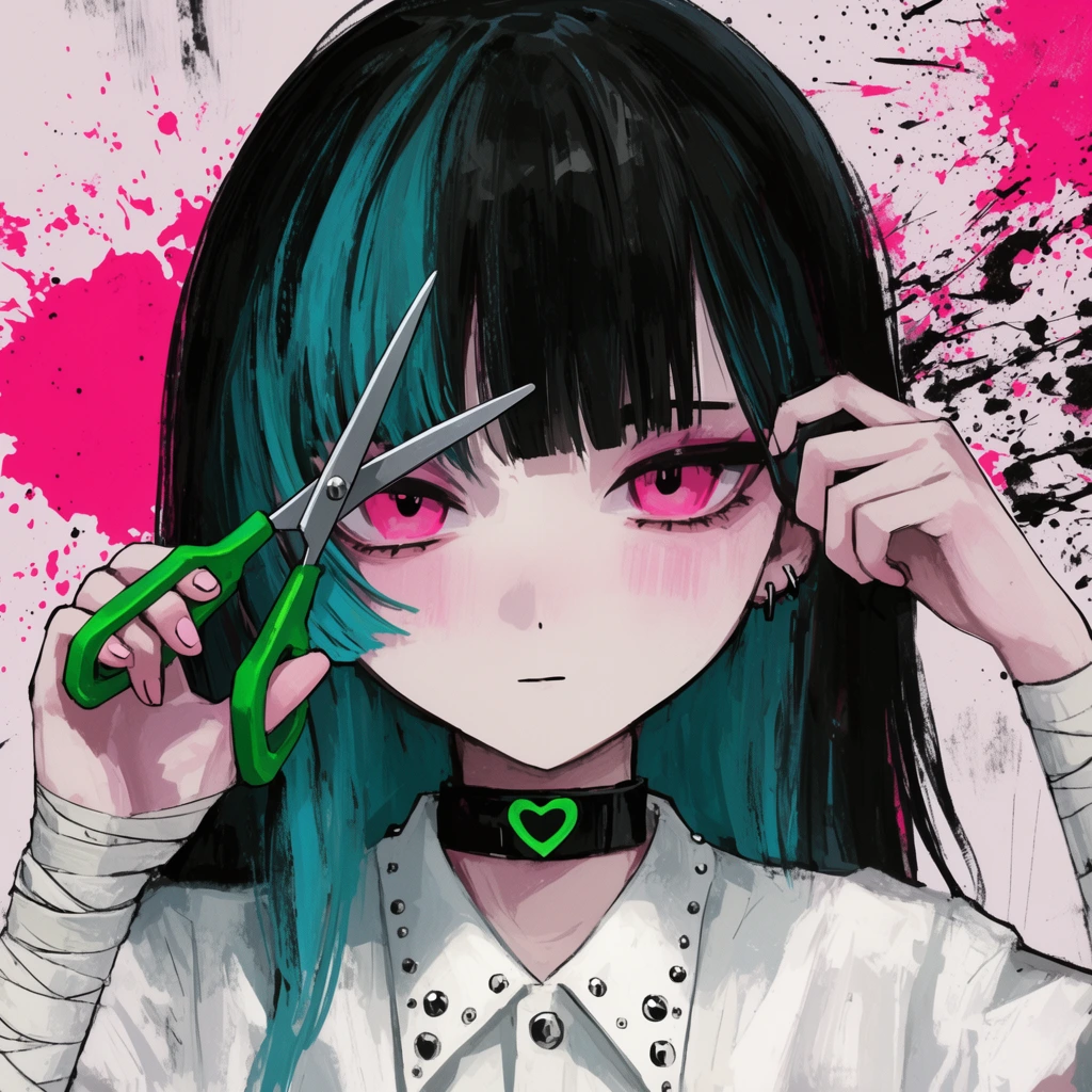 A grunge anime portrait of a girl cutting her black and teal bangs with green-handled scissors. She has pink eyes, a white studded shirt, a black choker with a green heart, and arm bandages. The pale background features bold pink and black paint splatters.