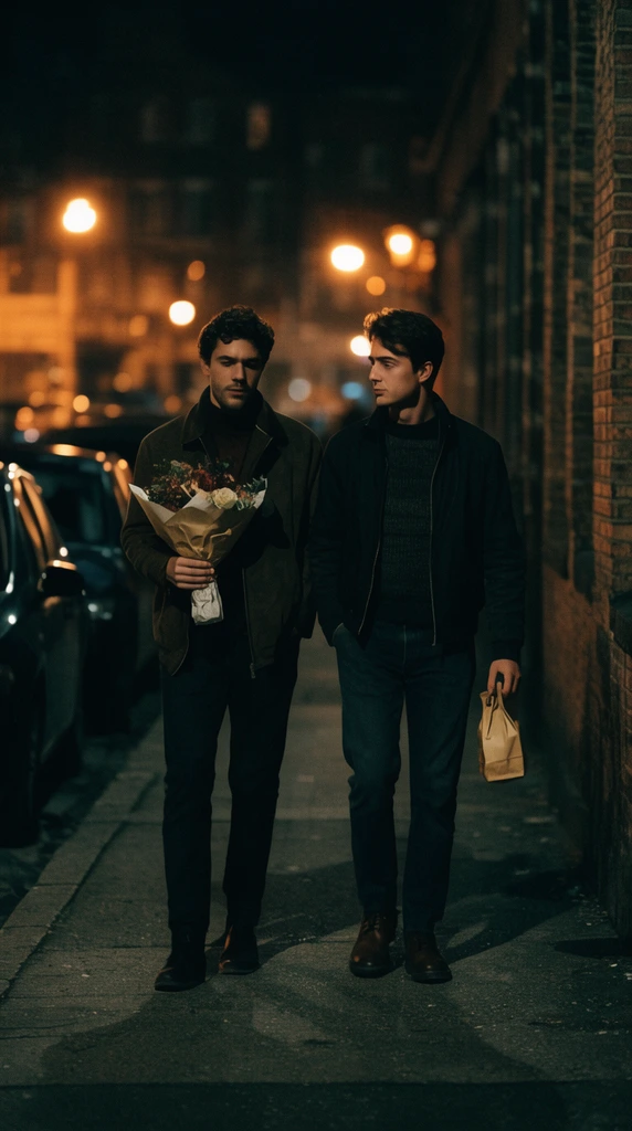 Two men walking along a dark city sidewalk at night, man on left holding a paper-wrapped bouquet, man on right holding a small paper bag, parked cars, brick wall, warm out-of-focus streetlights, cinematic lighting, moody atmosphere