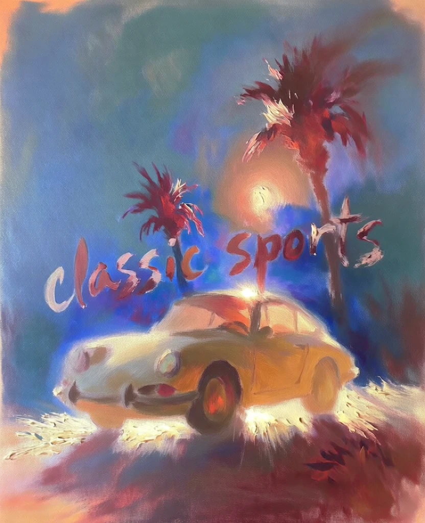 painterly impressionism, gestural impasto brushwork, a vintage sports car parked on a sun-drenched coastal road, silhouettes of swaying palm trees, a hazy incandescent sun, the words "classic sports" rendered in expressive scumbled paint, high-key backlighting with a glowing ethereal aura, vibrant ultramarine and warm saffron palette, soft-focus sfumato edges, atmospheric haze, heavy canvas texture, dreamlike ethereal quality.