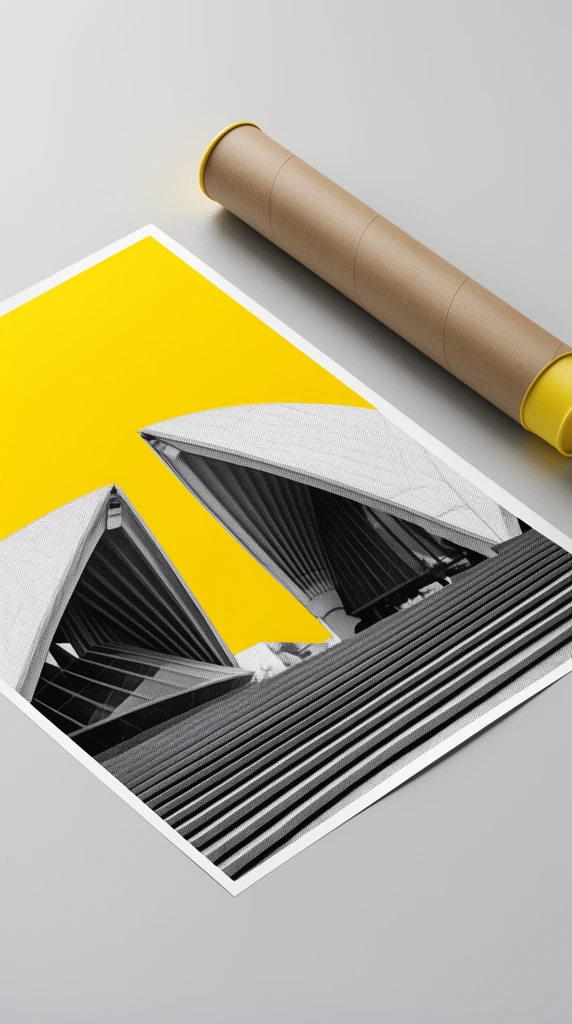 A rectangular poster and a brown cardboard mailing tube with yellow caps lie flat on a smooth grey surface. The poster design combines a solid yellow block intersecting a high-contrast black-and-white halftone photograph of soaring, angular architectural canopies rising above wide monumental steps, all under soft diffused top-down studio lighting.