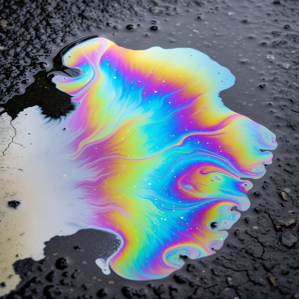 An iridescent oil slick creates a vibrant, rainbow-colored pattern across a dark, textured asphalt surface. The central feature is a large, amorphous pool of liquid film exhibiting thin-film interference, resulting in a spectrum of saturated magenta, cyan, bright yellow, and lime green hues. These colors swirl together in organic, feathery shapes that transition into a pale, milky-white substance on the left side of the frame. The dark gray asphalt beneath is visibly wet and granular, with small pits, fine cracks, and individual stones scattered throughout. Tiny, bright white specks and bubbles are dispersed within the colored film. The composition is a flat, top-down view that fills the frame, capturing the intricate details of the oily sheen against the rough pavement. Lighting is diffused and even across the scene, highlighting the shimmering quality of the oil while maintaining deep shadows in the texture of the ground. The color palette is dominated by the contrast between the neutral charcoal tones of the asphalt and the vivid, glowing neon colors of the iridescent spill.