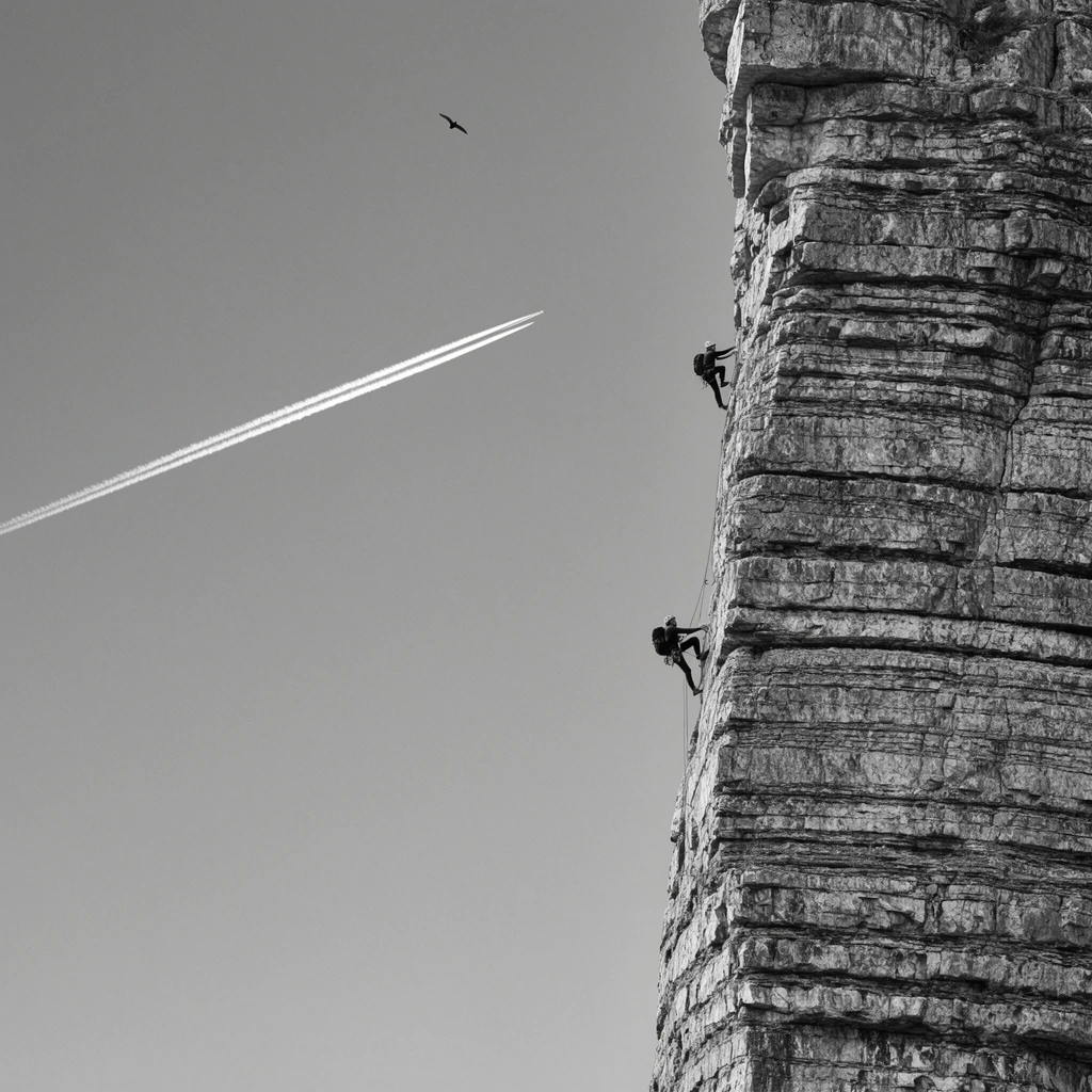 minimalist black and white photograph, massive vertically stratified rock pillar on the right edge, deep horizontal geological textures, two minuscule rock climbers scaling the sheer stone face, expansive uniform grey sky, bright white double contrail from an airplane in the upper left, tiny flying bird silhouette, extreme scale disparity, dramatic stark contrast, telephoto perspective, juxtaposition of rugged stone and smooth atmosphere