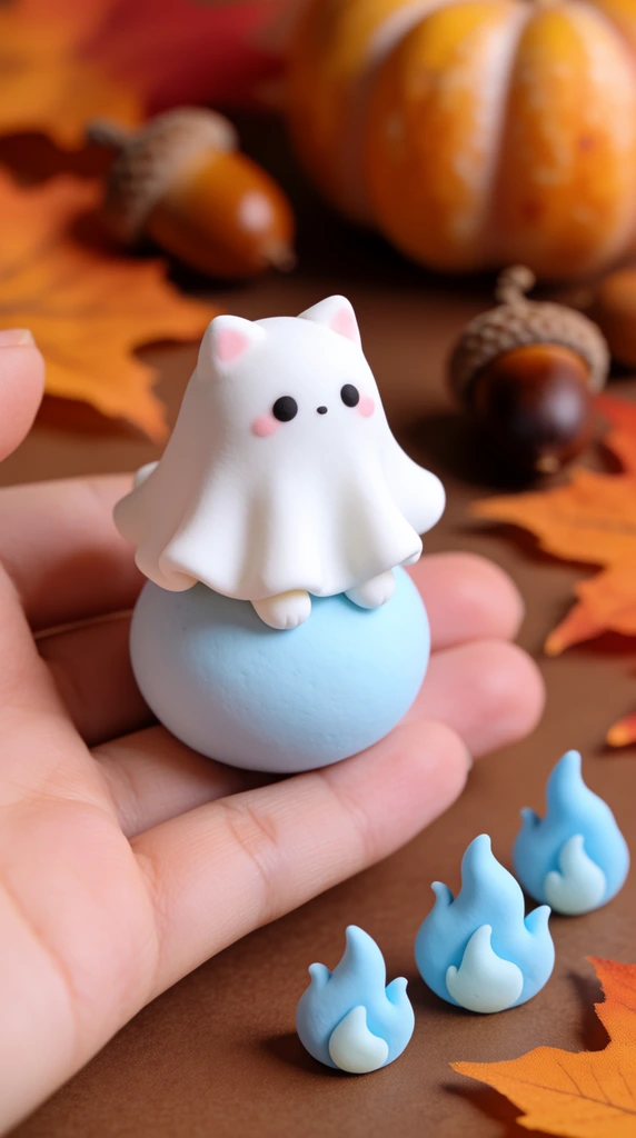 A handmade polymer clay figurine of a white cat dressed as a ghost sits on a pastel blue sphere, gently cradled in a human hand. The kawaii creature features black dot eyes, pink cheeks, and a draped white sheet with ruffled edges. Below the hand rest three miniature, sculpted light blue flames on a brown surface. A softly blurred background features an autumn arrangement of scattered orange leaves, acorns, and a ribbed pumpkin. Macro photography with a shallow depth of field and soft lighting highlights the smooth matte texture of the sculpture, contrasting its cool tones against the warm earthy environment.
