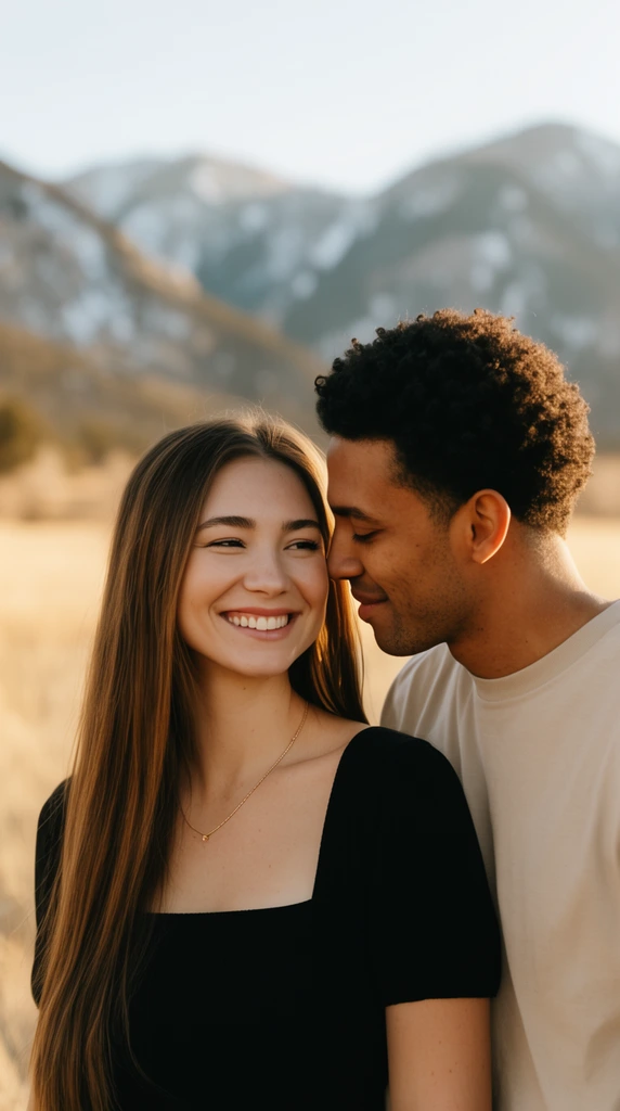 smiling woman with long straight brown hair in a black square-neck top, delicate gold necklace, man with short dark curly hair in a beige t-shirt leaning in affectionately close to her cheek, dry golden grass field, softly blurred mountains with snow patches in the background, warm natural golden hour lighting, shallow depth of field, cinematic outdoor portrait