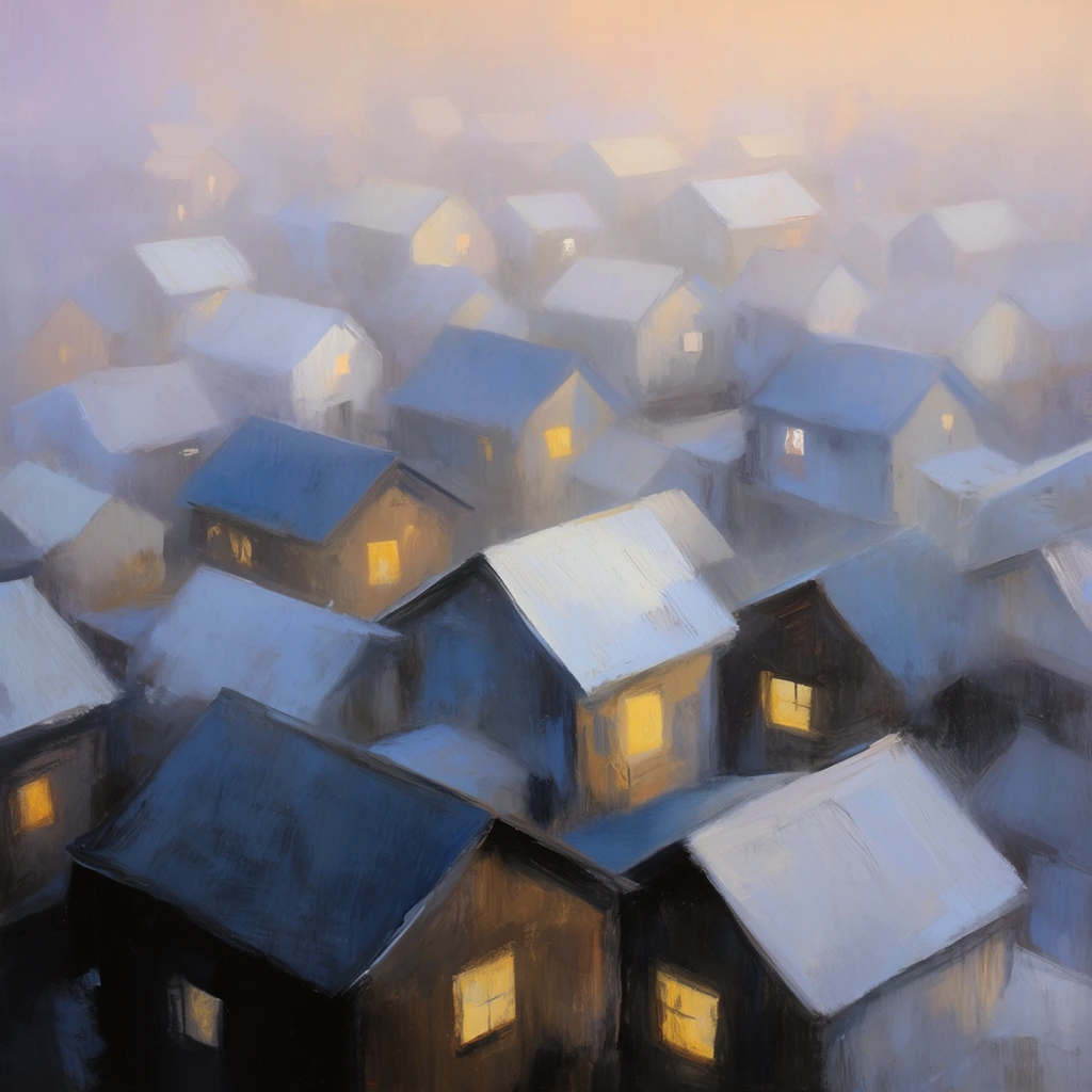 A dense village of tightly clustered houses emerges through a heavy mist in an impressionistic painting filled with expressive, textured brushstrokes. Overlapping pitched roofs dominate the elevated, high-angle composition, painted in varied shades of slate blue, frosty white, and soft gray. Warm, golden-yellow light radiates from scattered square windows, creating a striking focal contrast against the cool, foggy surroundings. The building walls are rendered in earthy browns and shadowy charcoal tones. Strong atmospheric perspective is applied, with foreground structures possessing deep, dark contrasts while the distant houses dissolve into a soft, hazy lavender and pale orange sky. The sea of geometric rooftops creates a continuous, repeating pattern that fades smoothly into the luminous background.