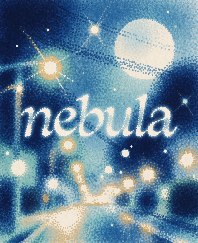 dreamy ethereal pointillist illustration, creative lettering of the word "nebula" in soft stippled texture, grainy cold-press paper feel, deep indigo and cerulean palette, luminous moon and glowing highlights in creamy off-white, diffused streetlights with shimmering particles, blurred out-of-focus aesthetic, cosmic atmosphere, layered atmospheric washes, tactile hand-crafted feel, soft glowing orbs and ethereal flares, nocturnal and moody composition.