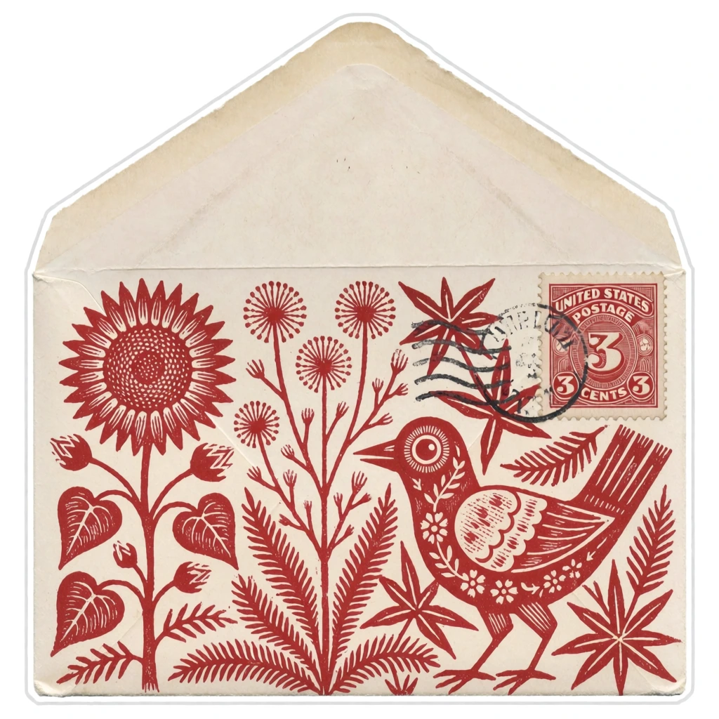 An aged, cream-colored paper envelope with an open triangular top flap features a dense red ink illustration of a bird and various botanical elements across its bottom half. The red illustration includes a large sunflower-like bloom on the left, heart-shaped leaves, and thick fern fronds at the base. Tall, spindly stalks with delicate rounded blossoms rise in the center, while the right side depicts a bird with a patterned wing and a round eye, nestled among sharp-edged, star-shaped leaves and thistle-like plants. Affixed to the upper right corner of the envelope's main body is a rectangular red postage stamp. The stamp contains white serif text reading "UNITED STATES" across the top, "POSTAGE" in a downward-facing arch, a large numeral "3" in the center flanked by smaller "3"s in circles, and "CENTS" at the bottom. Dark, curved cancellation lines are stamped over the red postage stamp. The envelope shows slight creases and a textured, vintage paper quality. The entire object is isolated against a solid white background and is bordered by a thin, uniform white outline that follows the silhouette of the open envelope. The perspective is a flat, direct overhead view with even, diffused lighting that highlights the paper's texture and the saturated red ink of the artwork and stamp.