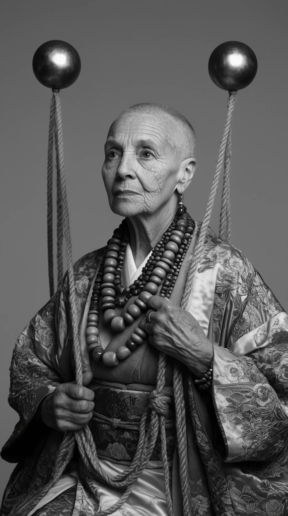 A black and white studio portrait of an elderly woman with deep wrinkles and a shaved head gazing pensively off-camera. She wears a heavily embroidered silk kimono and chunky wooden bead necklaces. She holds thick ropes tethered to two floating metallic orbs suspended above her head against a solid flat grey background, captured with soft directional lighting.