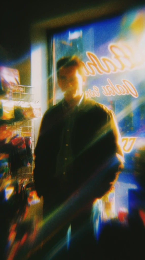 A centrally positioned man wearing a jacket over a collared shirt stands inside a store near a glass window featuring reversed script text, with a wire rack displaying merchandise visible on the left. The entire scene is engulfed in extreme, sweeping motion blur and heavy, gritty analog film grain, dissolving sharp details into a dreamlike, impressionistic haze. Radiant, directional light streaks and glowing optical trails slash dramatically across the composition, heavily distorting the spatial depth and environment. The intensely saturated color palette is dominated by deep chromatic blues, vivid teals, and explosive, luminous yellows and stark whites that bloom into the surrounding areas. The man's figure and the interior store elements are heavily submerged in deeply crushed, velvety blacks, creating a stark, high-contrast silhouette effect against the blown-out, halating highlights of the window light and illuminated script. This lo-fi, hallucinatory photographic aesthetic transforms the physical objects, from the clothing folds to the wire rack, into soft, violently smeared color fields within a chaotic, heavily textured atmosphere.