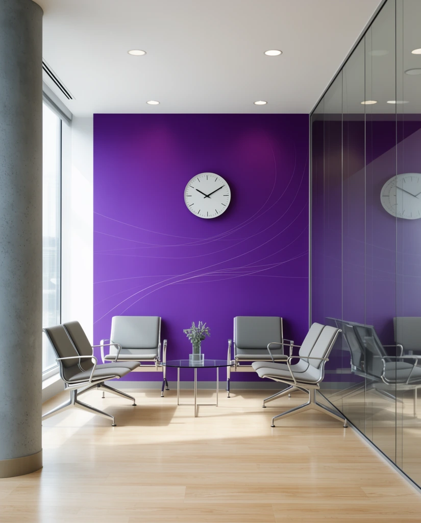 A modern corporate waiting room featuring a vibrant purple accent wall with subtle white curved lines and a round clock. Four sleek metallic chairs with grey cushions sit behind a small glass coffee table. Bright daylight from a left window illuminates a grey column, while a floor-to-ceiling glass partition on the right reflects the minimalist space, light wood flooring, and recessed lighting.