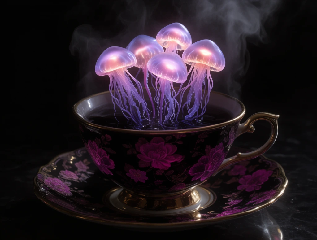 Ethereal bioluminescent structures resembling glowing purple and pink jellyfish sprout from dark liquid inside an ornate teacup. The black cup and saucer feature magenta floral patterns and gold rims, resting on a dark reflective surface. Translucent, luminous caps emit a warm glow, with long, sinuous violet tentacles trailing downward. Wispy white steam rises into a pitch-black background, highlighting the surreal bioluminescence and dramatic chiaroscuro lighting.