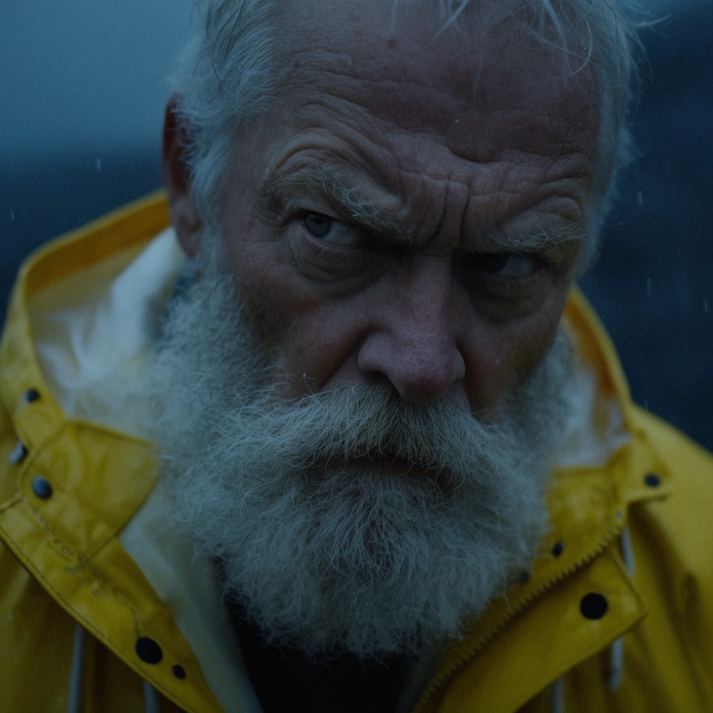 extreme close-up portrait of a rugged elderly Caucasian man, thick unkempt white beard, deep facial wrinkles, intense furrowed brow, sharp side-eye glance, wearing a heavy bright yellow waterproof raincoat, cold blue ambient lighting, dark stormy slate-gray background, gritty cinematic texture, soft film grain, intense dramatic mood, high contrast shadows, sharp focus on the eyes, shallow depth of field, moody atmosphere