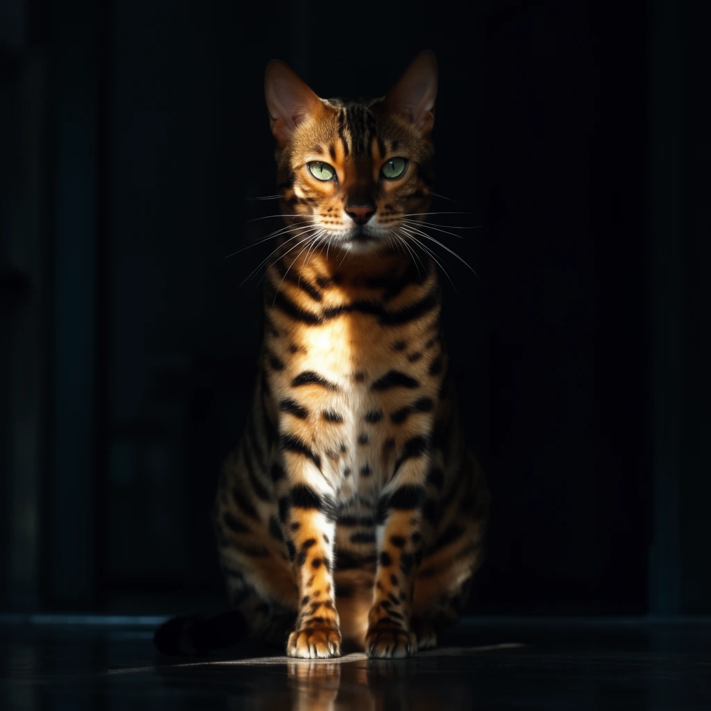 Bengal cat sitting upright on a reflective floor, dramatic chiaroscuro lighting, narrow vertical shaft of intense sunlight illuminating its face and spotted chest, striking leopard rosettes, piercing green eyes, pitch-black background in deep shadows, sharp focus on facial details, cinematic dark photography