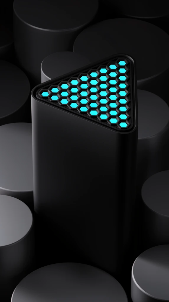 tall matte black triangular monolith, top surface featuring a grid of hexagonal vents emitting a vibrant neon cyan glow, surrounded by smooth dark grey cylindrical pedestals of varying heights, sleek industrial design, dramatic low-key lighting, deep shadows, moody monochromatic dark environment, high-end product photography style