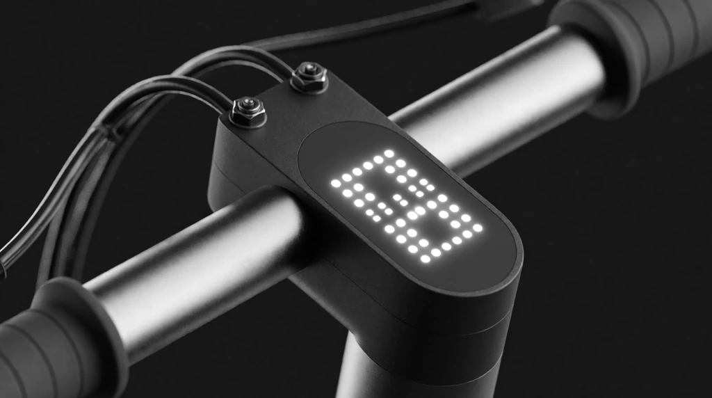 Close-up of minimalist scooter handlebars against a dark background. A central matte black housing contains a bright white dot-matrix LED display showing illuminated geometric patterns. Metallic silver tubes extend laterally into black rubber grips. Black cables enter the main unit, secured by hex hardware. Soft studio lighting highlights the sleek industrial design, monochromatic palette, and shallow depth of field.