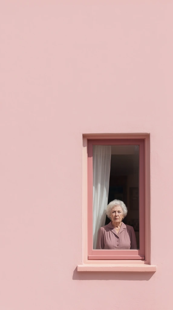 An elderly woman stands behind a glass window set into a massive, flat pastel pink wall dominating the composition with extreme negative space. She has short curled white hair and wears a mauve collared dress, gazing directly forward with a stoic expression. Positioned asymmetrically in the lower right quadrant, the window frame is painted in coordinating shades of rose and blush, casting a crisp shadow beneath the sill from overhead sunlight. A sheer white curtain hangs partially drawn inside the deeply shadowed interior room behind her, contrasting with the minimalist, monochromatic pink exterior.