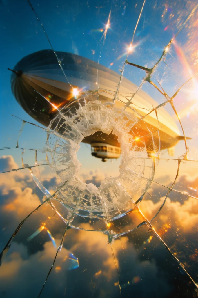 A large zeppelin with an underslung gondola navigating through dense, voluminous clouds, framed entirely through a severely shattered, transparent pane of glass in the extreme foreground. A dense, frosted impact crater dominates the center of the glass, sending a complex matrix of radiating spiderweb cracks, concentric fractures, and sharp, jagged shards across the entire field of view. Intense golden hour sunlight strikes the fractured glass edges, generating brilliant starburst lens flares, bright specular highlights, and warm, luminous reflections. The background airship and cloudscape exhibit a soft, cinematic depth of field, contrasting sharply with the hyper-realistic, razor-sharp texture of the broken glass in the foreground. The composition features a high-contrast, highly saturated color palette dominated by vibrant sky blues and radiant golden-orange sunlight, characterized by a 35mm analog film aesthetic with subtle grain, rich optical aberrations, and dramatic, backlit illumination.