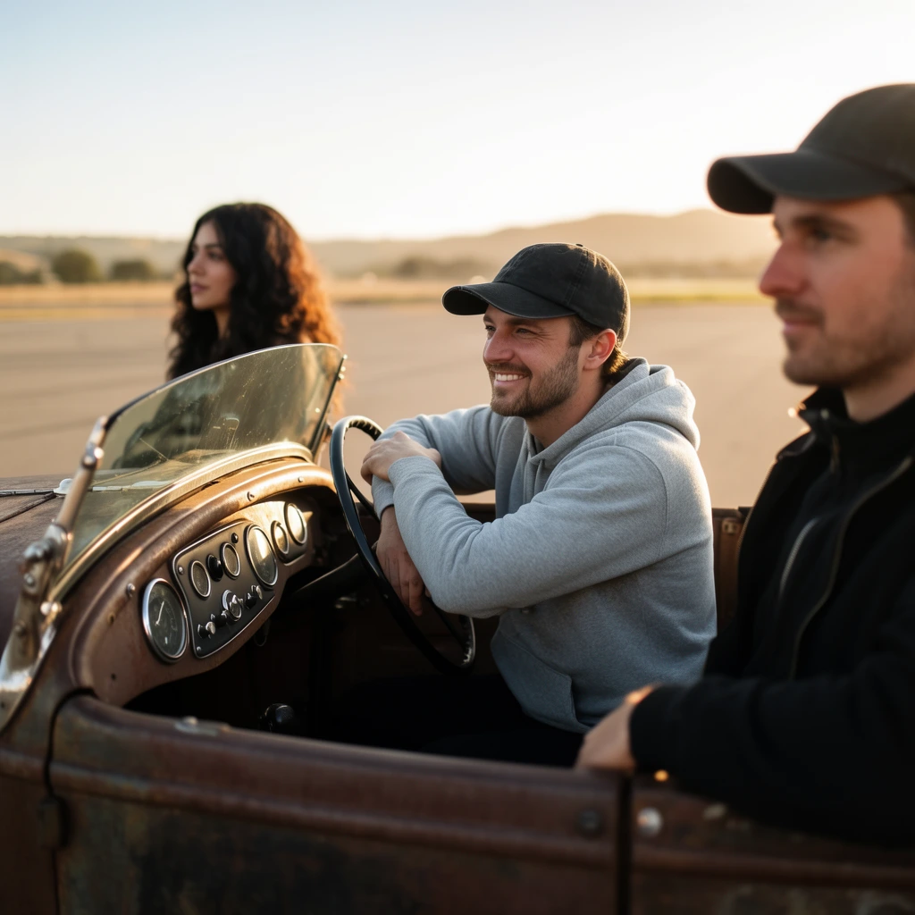 Three individuals gather around a vintage, rusted open-top roadster parked on a wide paved expanse during golden hour. The sharpest focus rests on a smiling man leaning his forearms casually against the driver-side door, sporting a light beard, a grey hoodie, and a dark baseball cap. In the softly focused right foreground, a second man wearing a black zip-up jacket and a dark cap looks left. On the far side of the vehicle, a blurred woman with voluminous dark wavy hair gazes in the same direction. The car interior features a weathered brown dashboard equipped with several circular chrome-ringed gauges and a thin steering wheel. Warm, late-afternoon sunlight illuminates the central subject, creating a richly textured, cinematic aesthetic. The composition uses a shallow depth of field to contrast the detailed, metallic vehicle against a hazy, sun-drenched background of flat tarmac, distant rolling hills, and a clear bright sky.