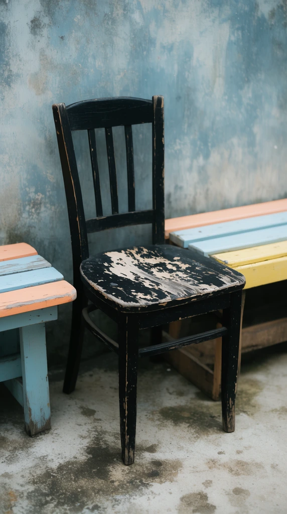 A weathered black wooden chair with a peeling seat stands on a stained concrete floor against a mottled bluish-grey wall. Low benches with faded pastel orange, blue, and yellow slats flank it. Soft natural light highlights the distressed textures.