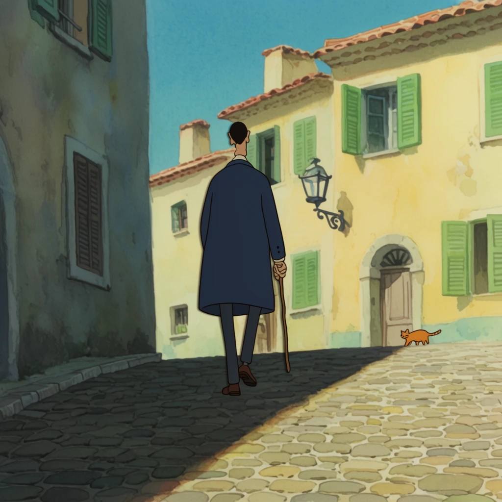 tall lanky figure in a dark blue overcoat walking up a sloping cobblestone street, holding a wooden walking stick, seen from behind, hand-drawn 2D animation style, sunny Mediterranean town, dramatic diagonal shadow across foreground stones, pastel yellow stucco buildings with open green shutters, wrought iron street lamp, stray orange cat near an arched doorway, left building in deep cool shadow, clear blue sky, nostalgic watercolor background art, flat cel-shaded character