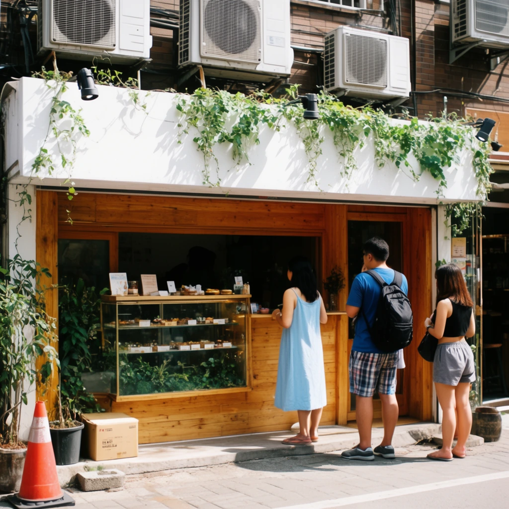 Three customers wait outside a warm-toned wooden storefront on a sunlit city street. The shop features a glass display case filled with small treats and greenery, set below a white fascia board draped with trailing vines and small black spotlights. A woman in a light blue sleeveless dress stands at the counter, followed by a man in a blue t-shirt and plaid shorts carrying a black backpack, and a woman in a black crop top and grey shorts. Above the wooden entrance, several white air conditioning units are mounted against a brown brick building exterior. Potted plants, a cardboard box, and an orange traffic cone sit near the left side. Crisp, high-contrast daylight casts sharp shadows across the paved ground, highlighting a candid street photography aesthetic with a vibrant, warm color palette.