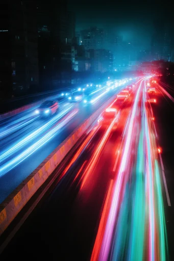 Kinetic Nocturnal Transit style reference image — neon light trails