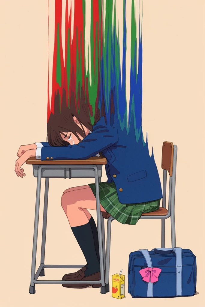 An anime-style illustration of a student slumped over a desk, crying. She wears a blue blazer and green plaid skirt. Her upper body dissolves into surreal, vertical streaks of red, green, and blue extending upward. A blue school bag with a pink bow and a yellow juice box sit on the floor. The background is solid pale beige. The artwork features flat coloring, minimal shading, and stark graphical distortion emphasizing distress.
