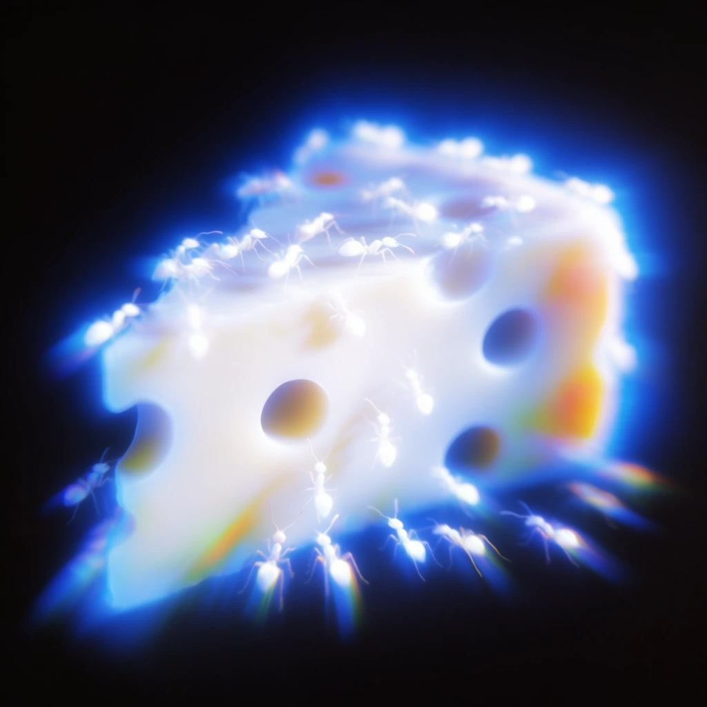 A glowing wedge of Swiss cheese swarmed by ants, rendered entirely as ethereal, soft-focus light against a pitch-black void. The central mass of the cheese radiates an intensely overexposed, blown-out white core that diffuses outward into a vibrant, neon electric blue aura. Smooth, dark circular voids punctuate the luminous wedge, forming the distinct holes of the cheese. The swarming ants manifest as smaller, elongated streaks of brilliant white and blue light clustering densely and trailing across the primary glowing mass. The composition exhibits extreme soft focus, heavy motion blur, and a pervasive blooming light effect characteristic of long-exposure light painting. Subtle iridescent smears of yellow, vibrant orange, and faint green chromatic aberration blend into the luminous, gaseous forms, giving the subjects a completely fluid, deeply radiant appearance composed purely of glowing energy.