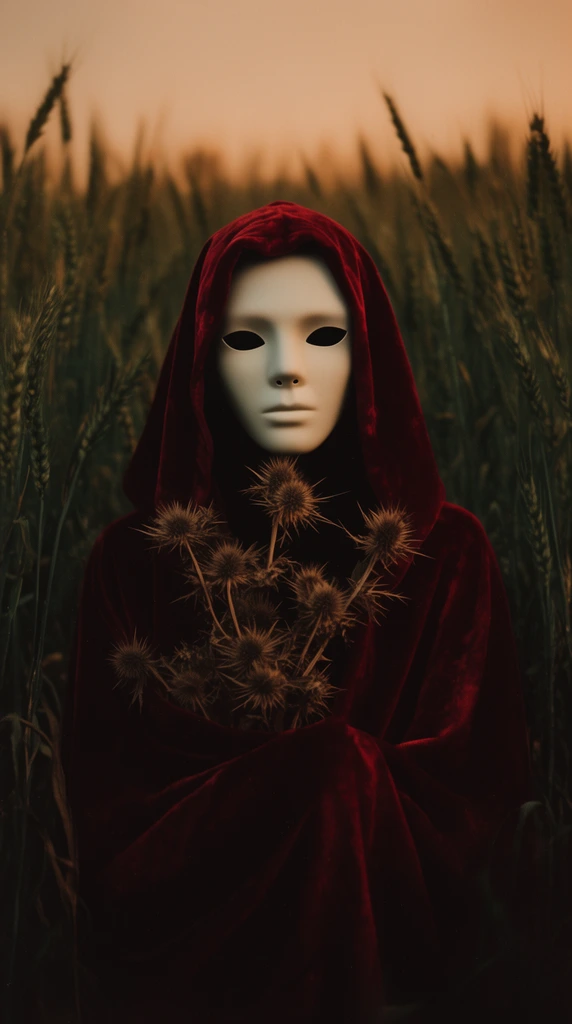 figure wearing a featureless porcelain mask and heavy crimson velvet hooded cloak, clutching dried thorny thistles close to the chest, standing in an overgrown wheat field, tall dark green stalks in background, warm moody twilight lighting, centered framing, deep shadows, soft focus background, eerie autumnal atmosphere, vintage film aesthetic