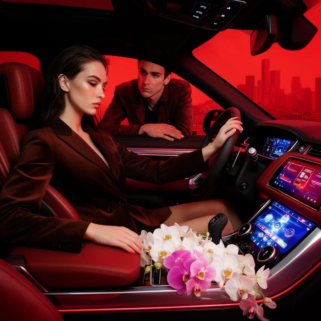 woman in luxury car driver seat, man leaning through window, white and pink orchids on center console, glowing dashboard screens, surreal red city background, high-fashion photography